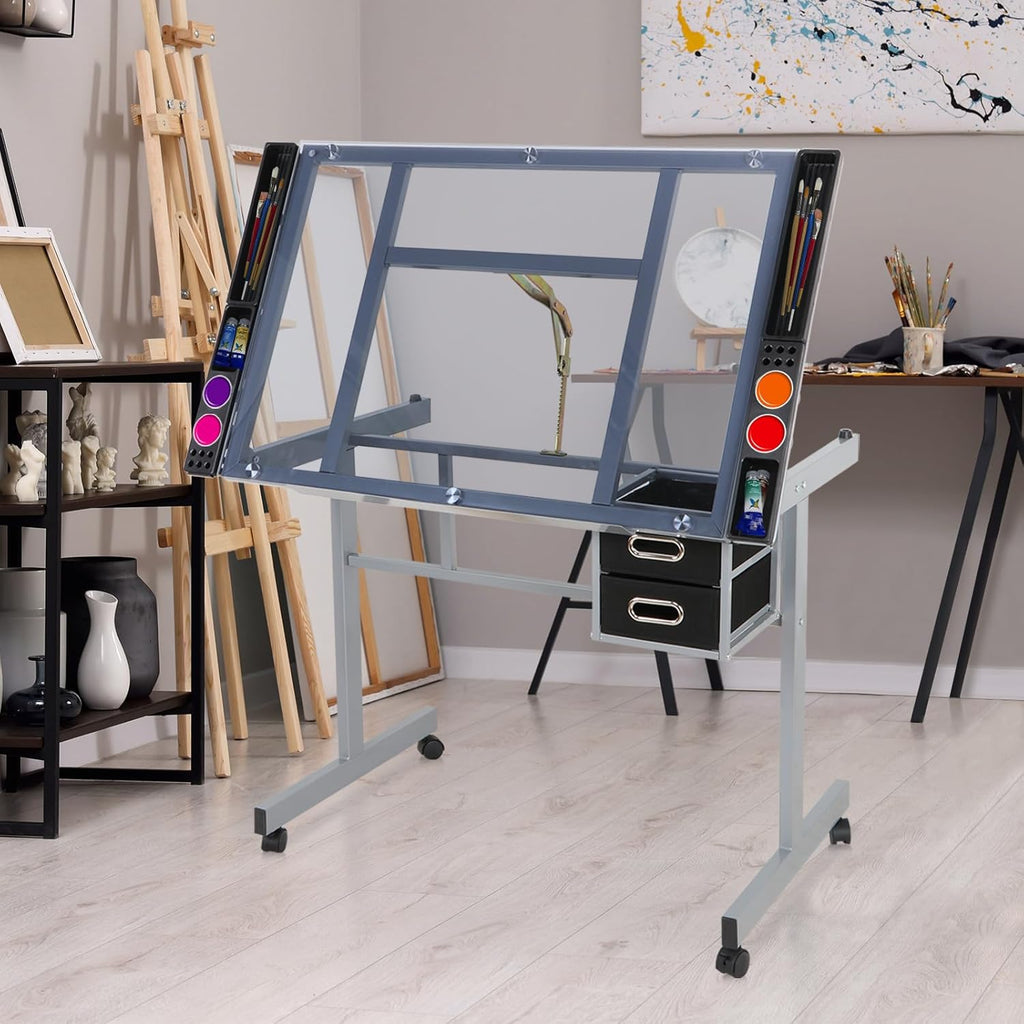Height Adjustable Drafting Table with Storage Drawers and Wheels I901