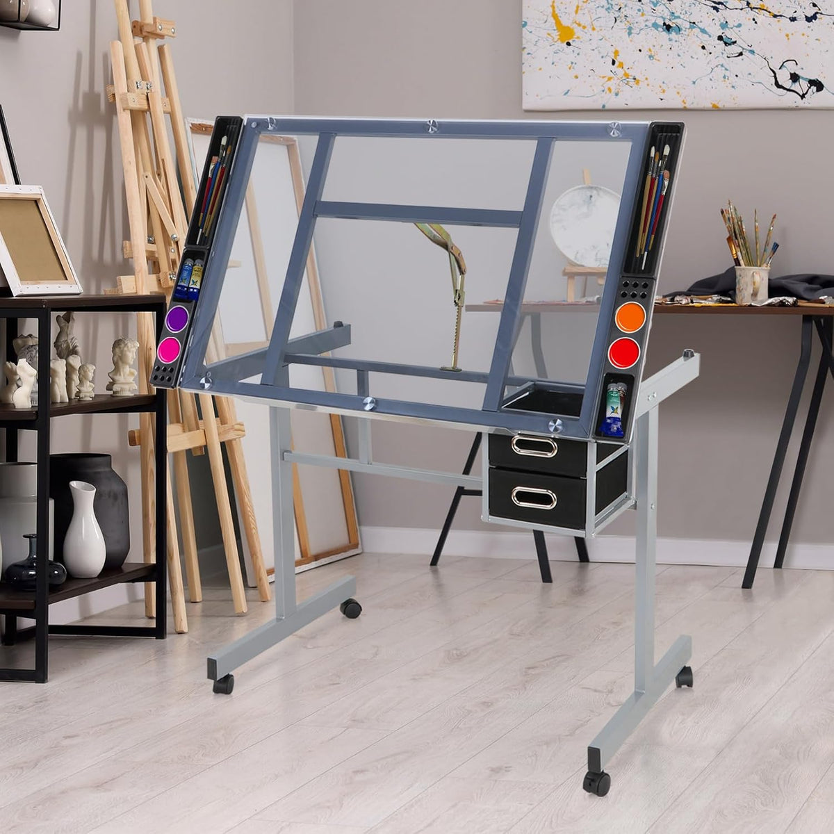 Height Adjustable Drafting Table with Storage Drawers and Wheels I901