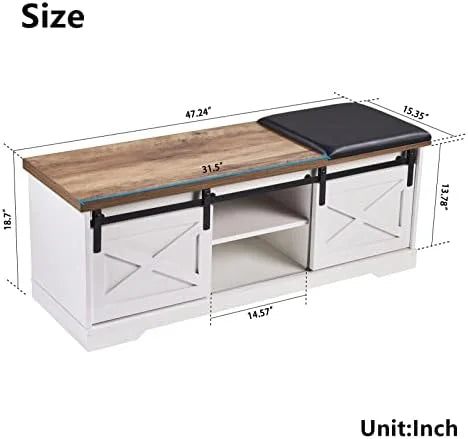 42” Rustic Solid Wood Shoe Bench with Linen Cushion K8651
