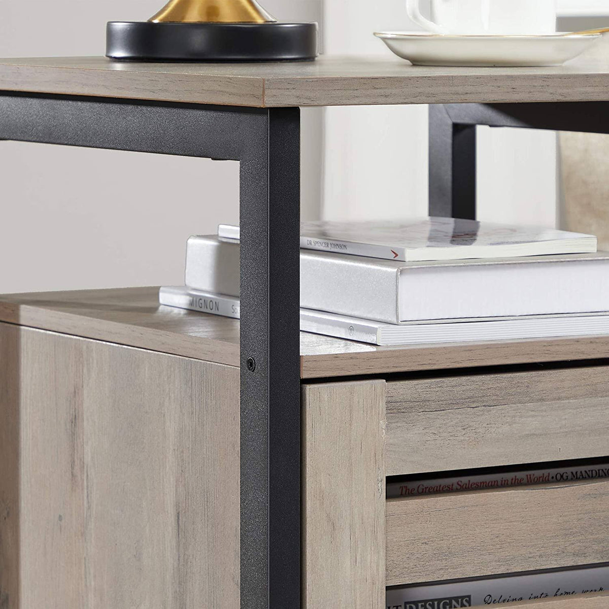 Greige Nightstand End Table with Cabinet and Shelf R4165