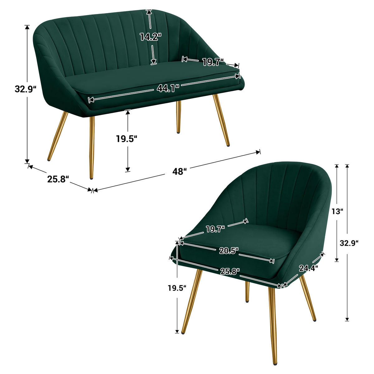 Green Velvet Loveseat and Accent Chair Set D35738