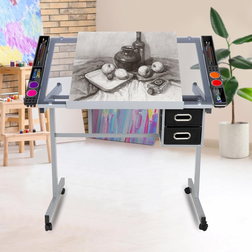 Height Adjustable Drafting Table with Storage Drawers and Wheels I901