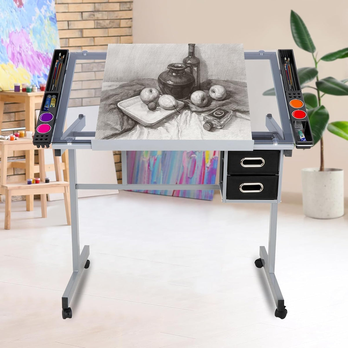 Height Adjustable Drafting Table with Storage Drawers and Wheels I901