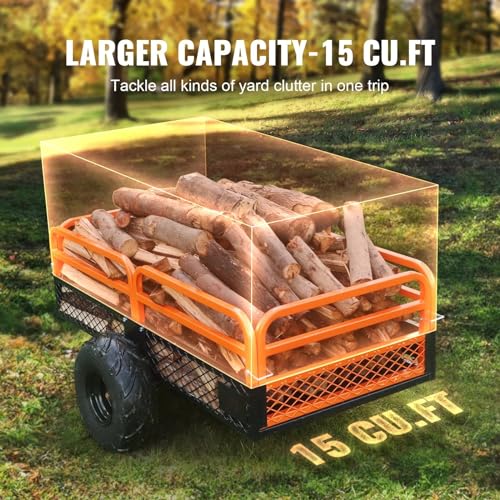 Heavy Duty Steel ATV Dump Trailer, 1500-Pound Load Capacity 15 Cubic Feet, Tow Behind Dump Cart with Removable Sides and 2 Tires H6722