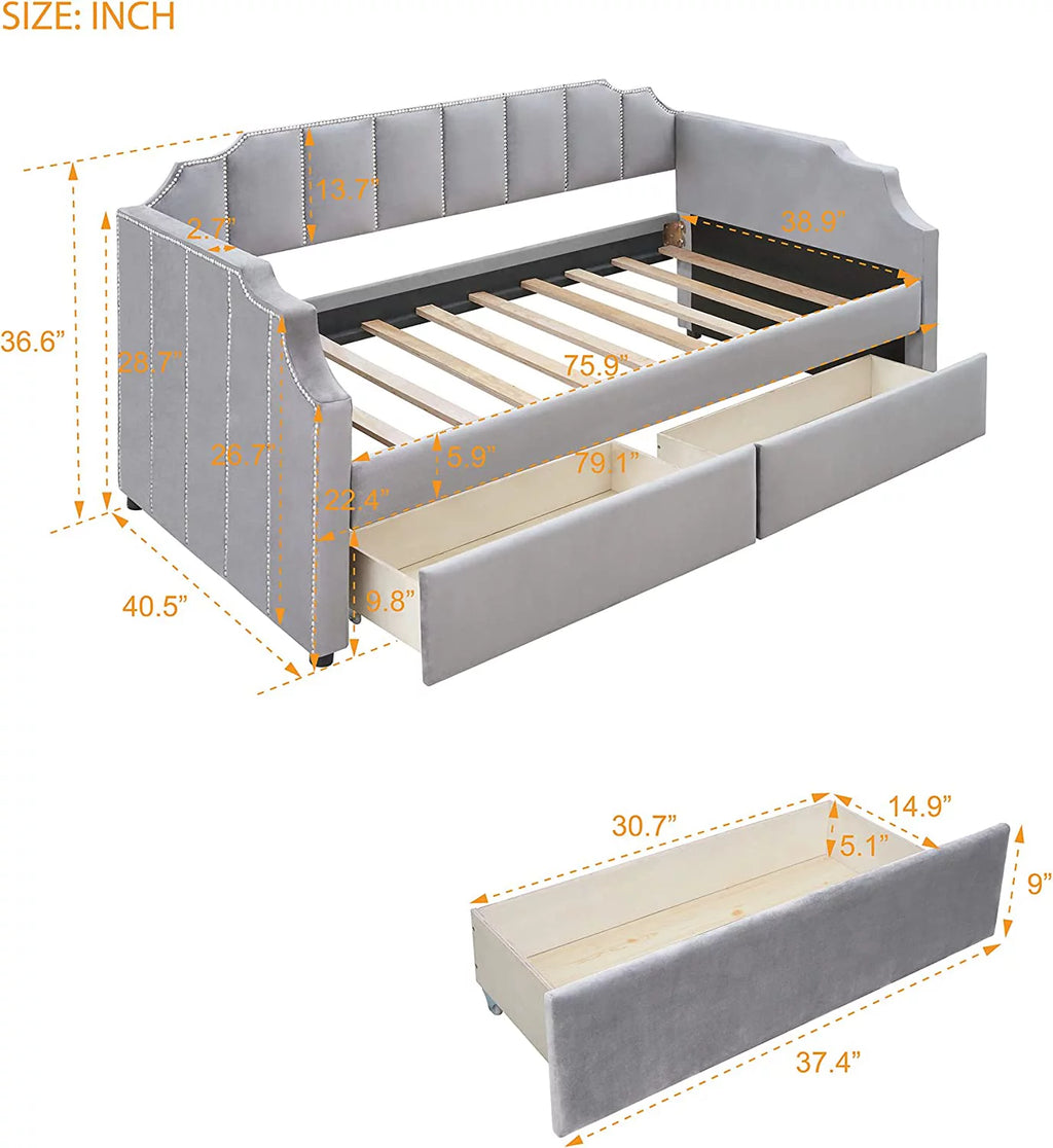 Light Gray Velvet Upholstered Daybed with Storage Drawers G196