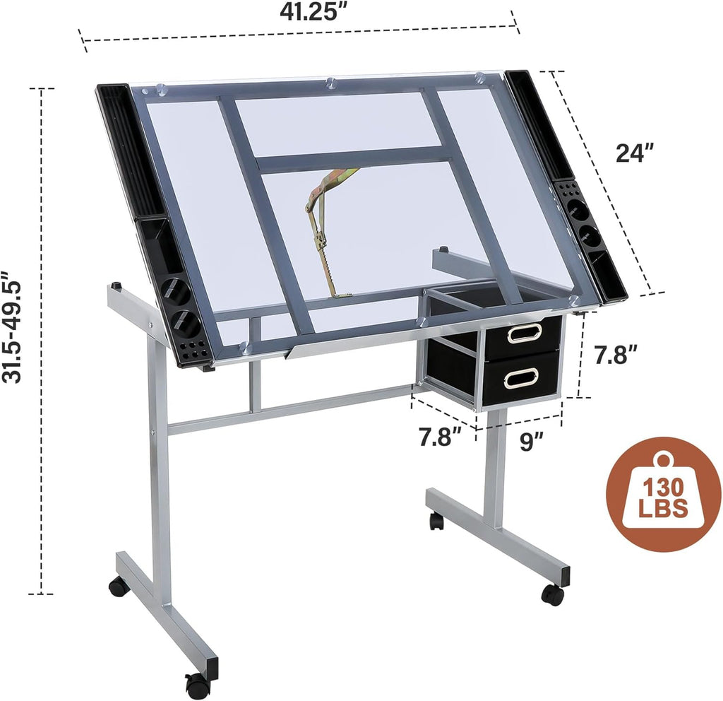 Height Adjustable Drafting Table with Storage Drawers and Wheels I901