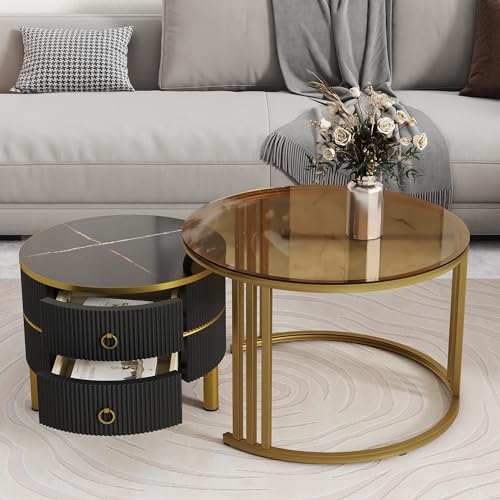 Golden Black Round Glass Coffee Table E696914