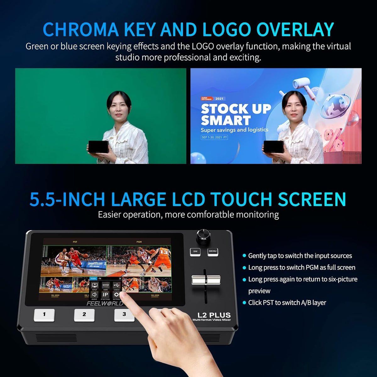 Multi Camera Video Mixer Switcher with 5.5 inch LCD Touch Screen A565
