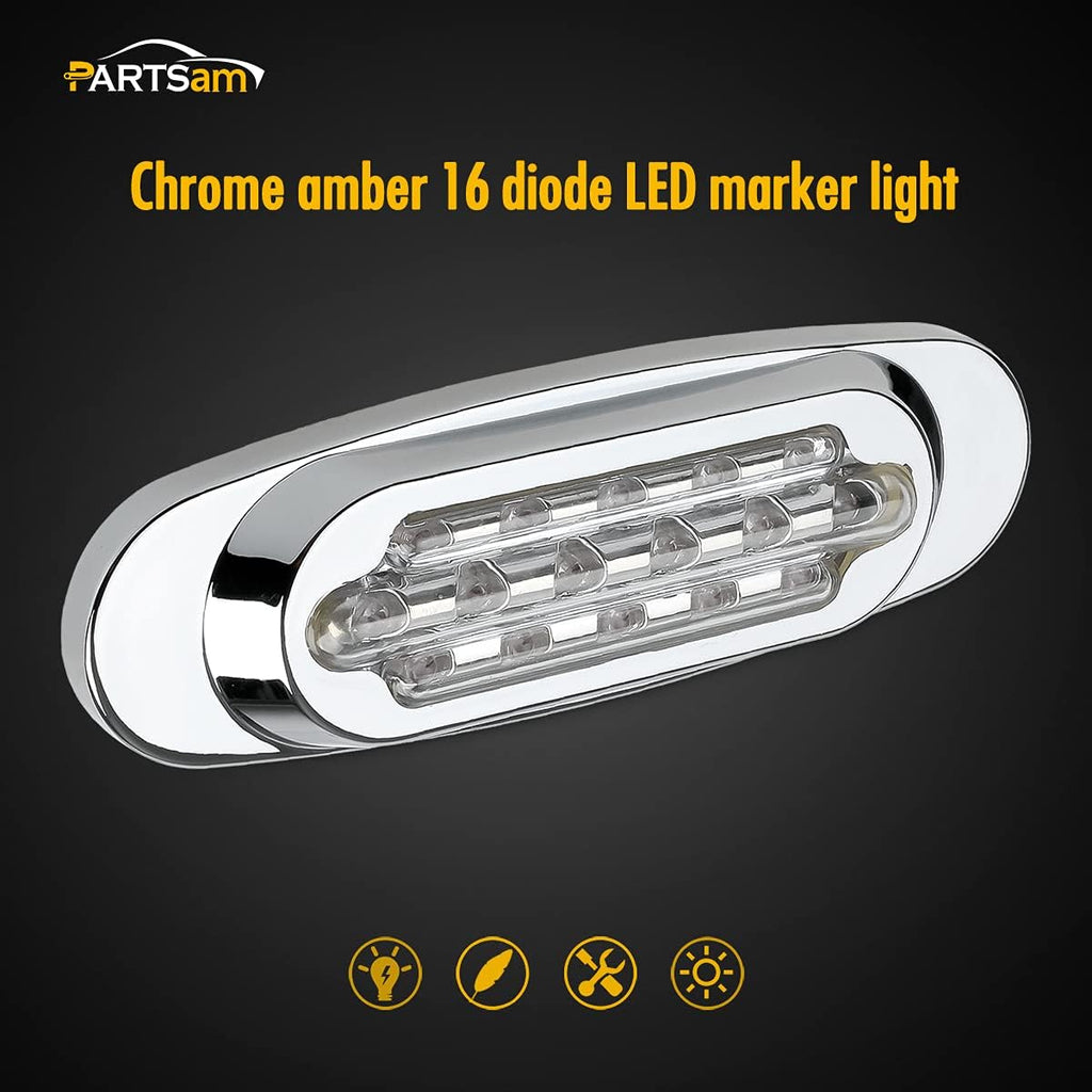14Pcs 6-1/2 Clear/Amber 16-LED Trailer Side Marker and Turn Signal Lights Chrome Flush Mount Sealed Replacement Pack of 2 T264836