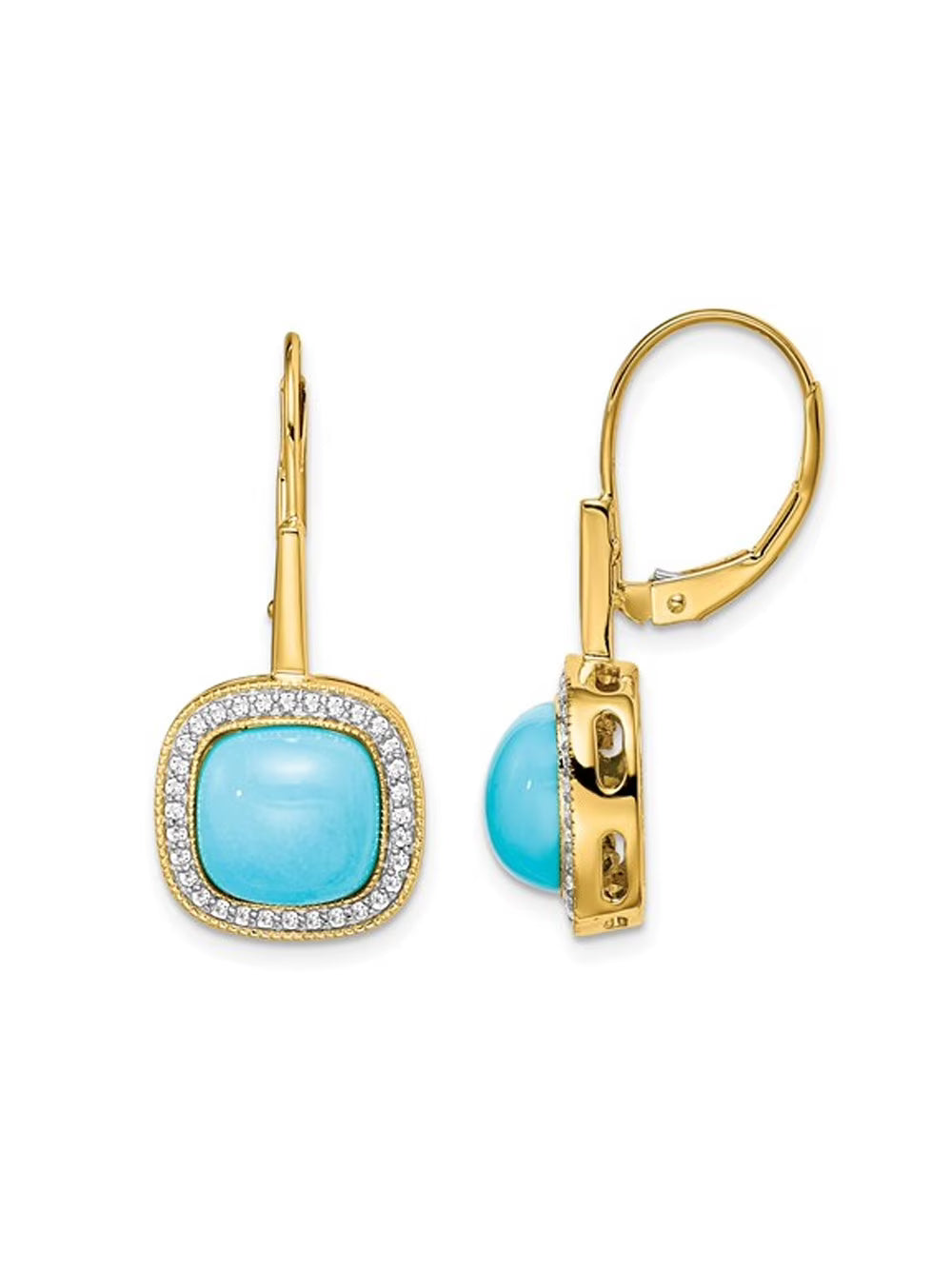 Turquoise Dangling Leverback Earrings in 14K Yellow Gold with Diamonds B2946