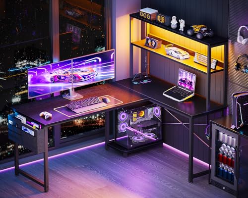 53 Inch L Shaped Desk with LED Lighting and Power Outlets F1772