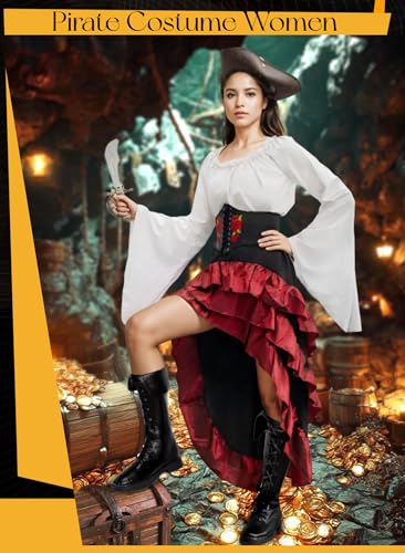 Beige+Brown Women Pirate Costume with Shirt Skirt Corset Waist Belt H20587