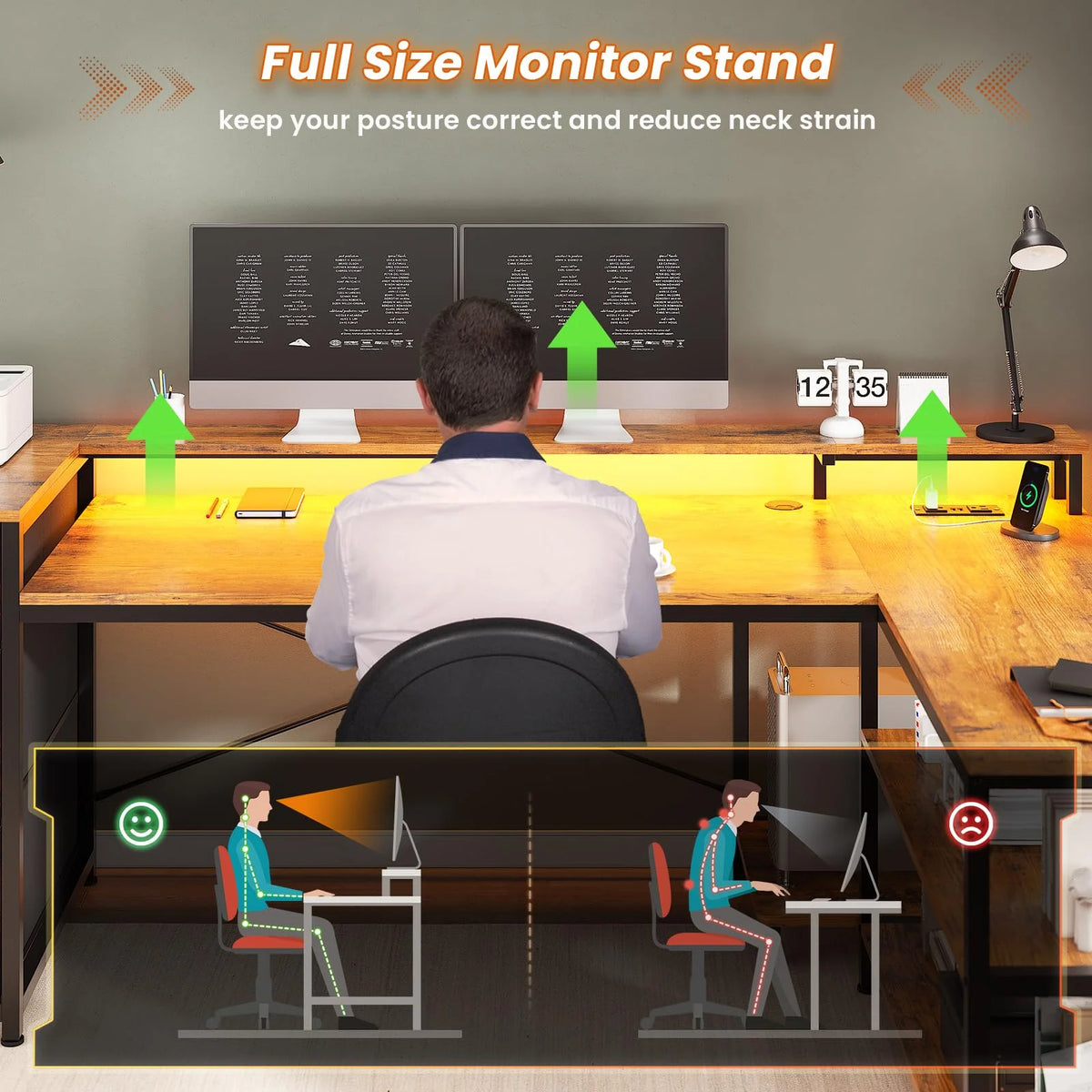L Shaped Desk with LED Light, 67" Home Office Desk with 2 File Drawer and Power Outlet, Monitor Shelf, Storage Shelves, Brown U281