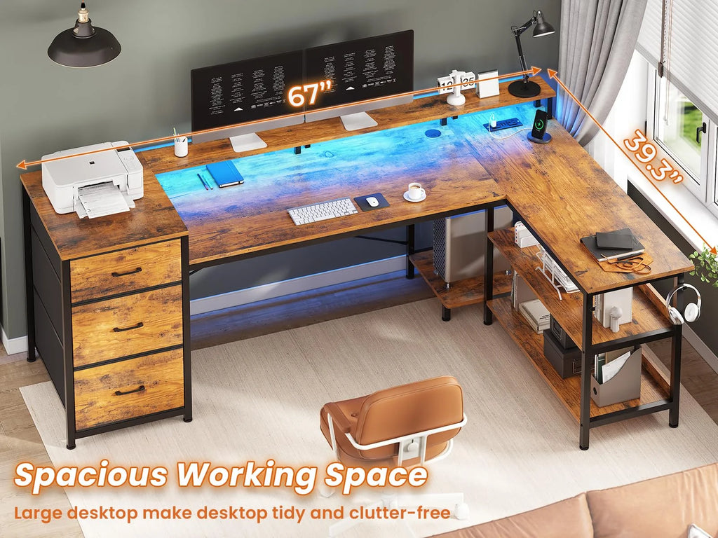L Shaped Desk with LED Light, 67" Home Office Desk with 2 File Drawer and Power Outlet, Monitor Shelf, Storage Shelves, Brown U281