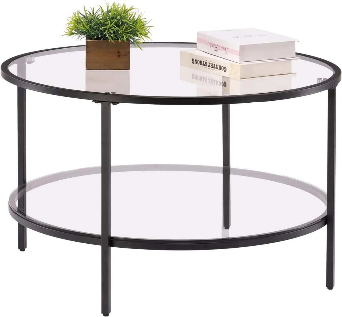 30" Round 2-Tier Glass Coffee Table with Storage D823165