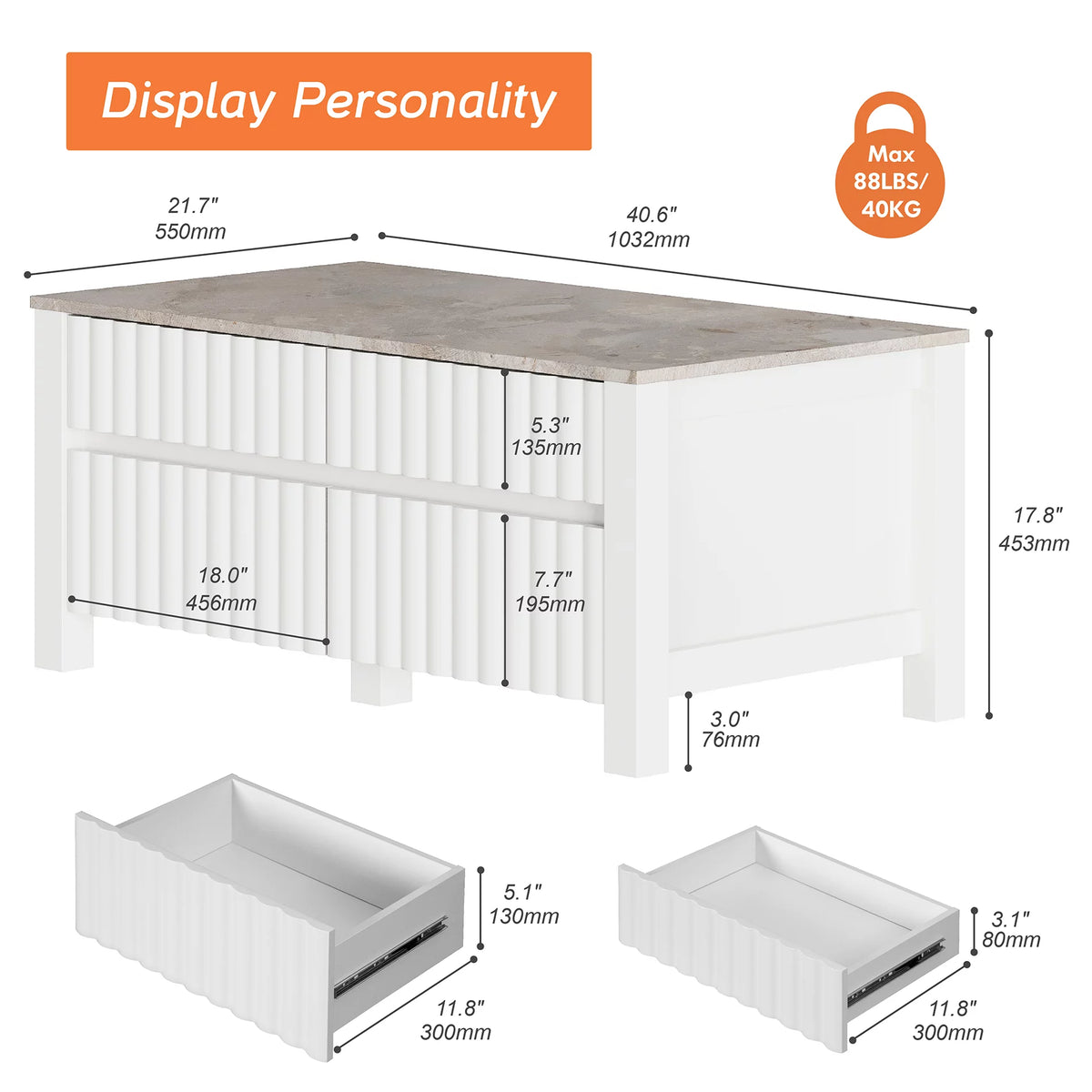 White Coffee Table with Hidden Storage and Sliding Drawers E531453