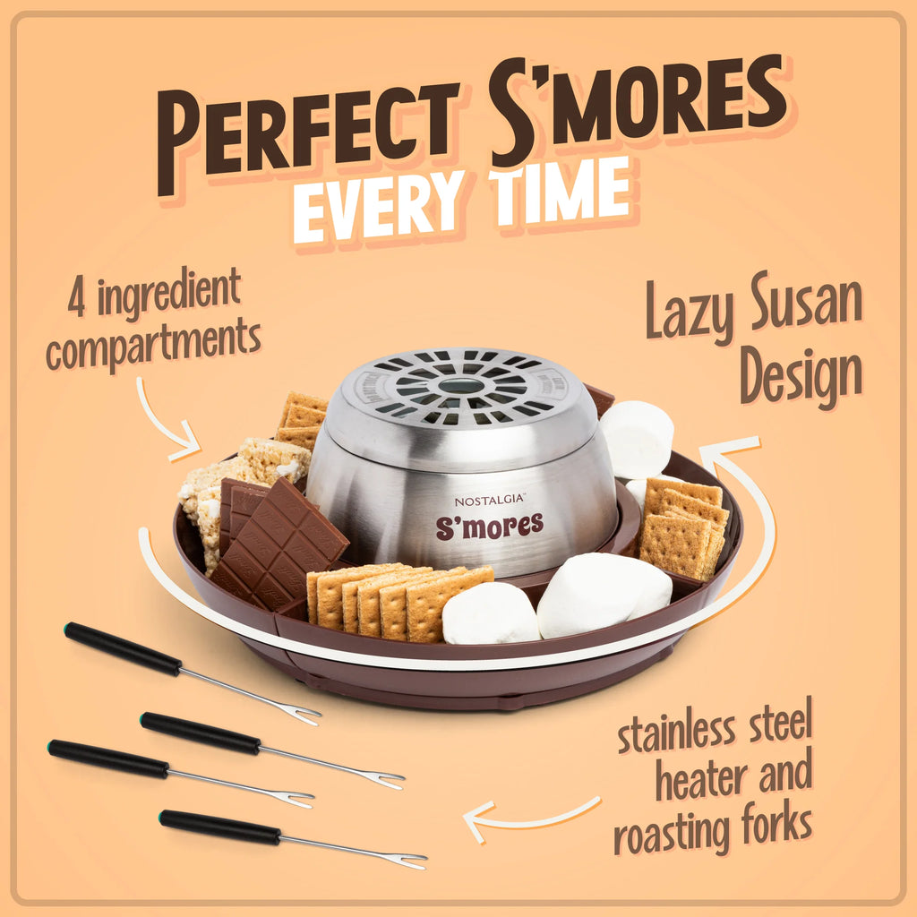 Electric Stainless Steel S'mores Maker with 4 Compartment Trays and 4 Roasting Forks E576