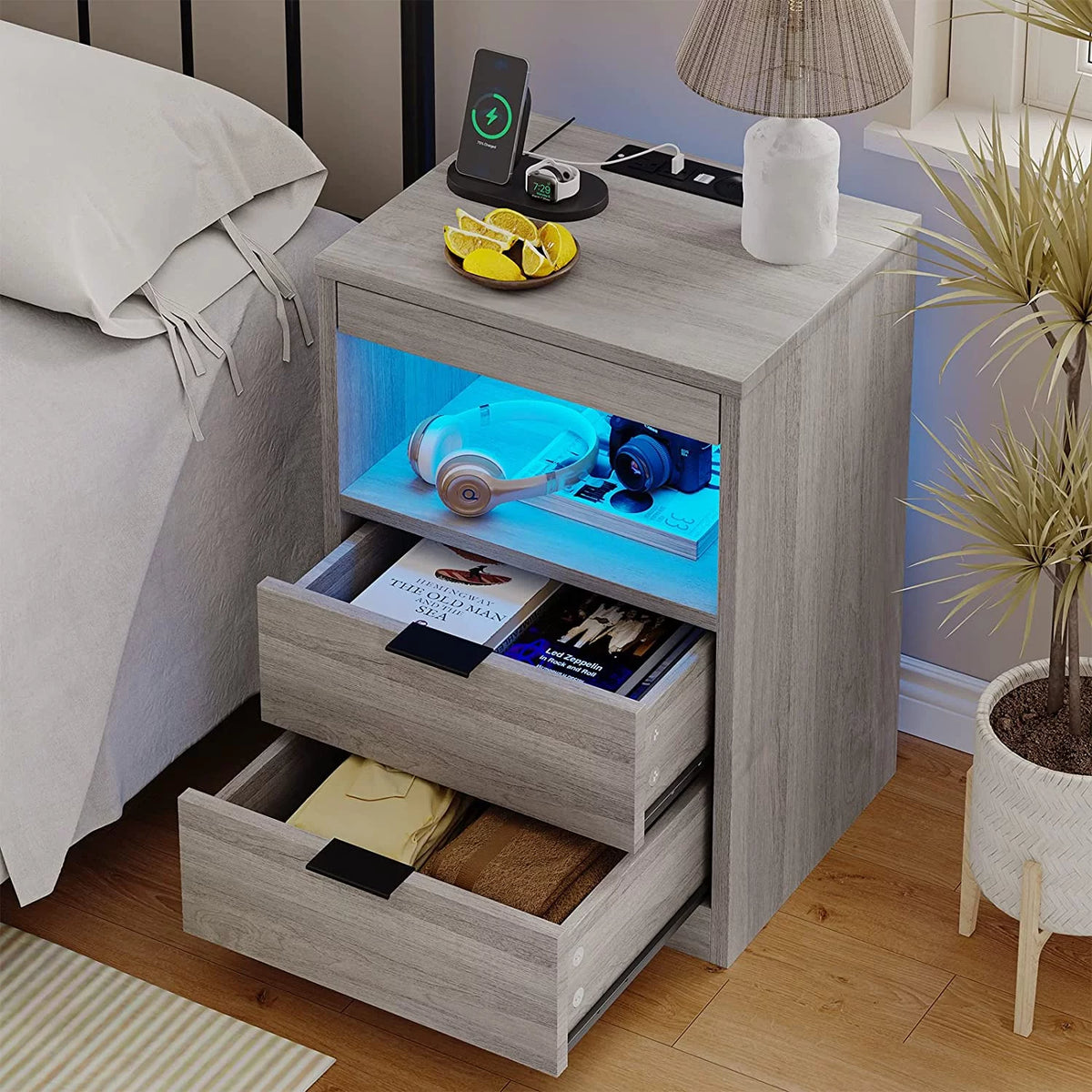 Gray Nightstand with Wireless Charging Station and LED Lights P4372