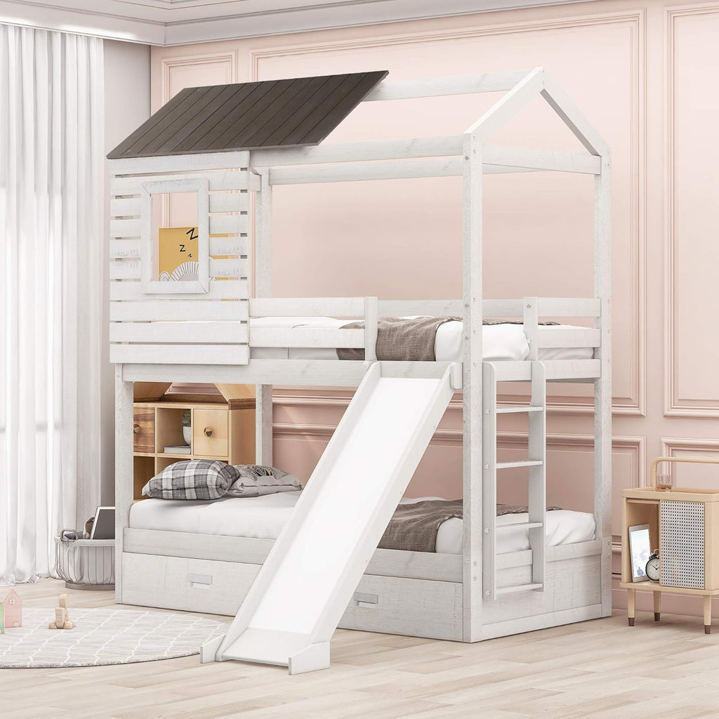 Twin Over Twin Metal Bunk Bed with Slide and Integrated Ladder J634