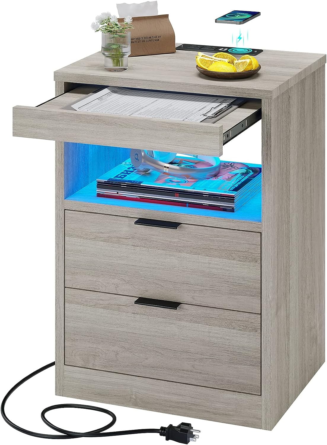 Gray Nightstand with Wireless Charging Station and LED Lights P4372