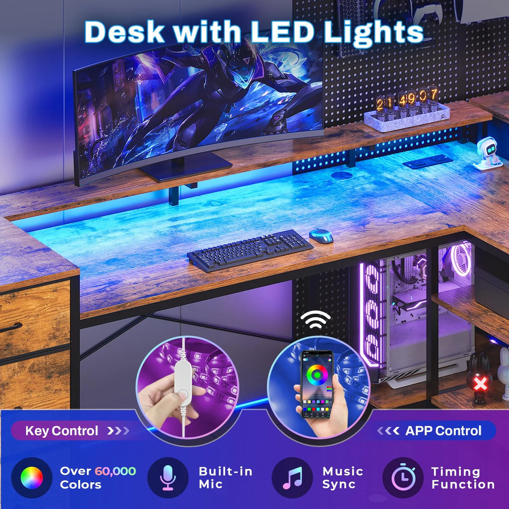 L Shaped Desk with LED Light, 67" Home Office Desk with 2 File Drawer and Power Outlet, Monitor Shelf, Storage Shelves, Brown U281