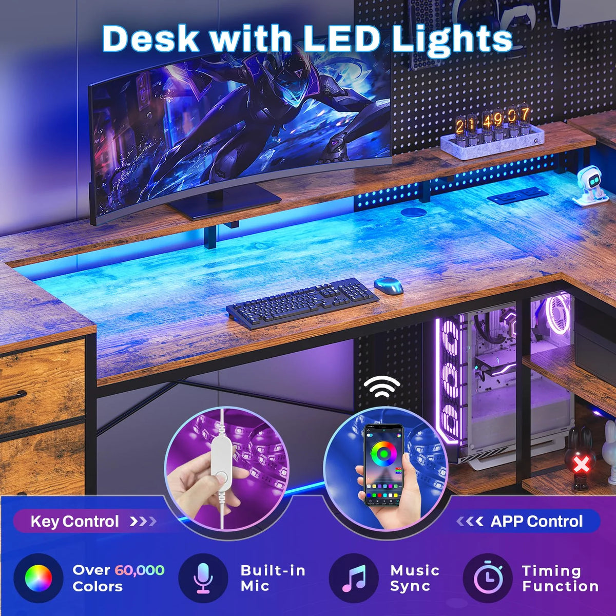 L Shaped Desk with LED Light, 67" Home Office Desk with 2 File Drawer and Power Outlet, Monitor Shelf, Storage Shelves, Brown U281