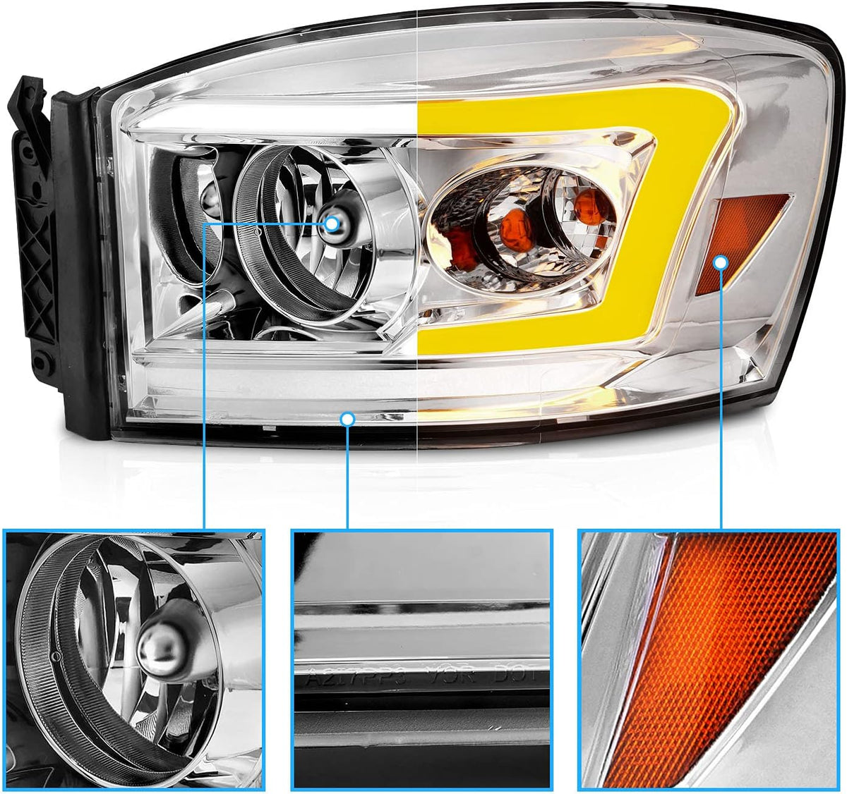 Chrome LED Tube Replacement Headlights for Ram Truck 1500 2500 3500 B698