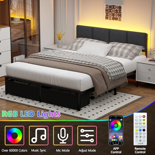 Queen Size Upholstered Platform Bed Frame with Headboard and Storage Drawer W303