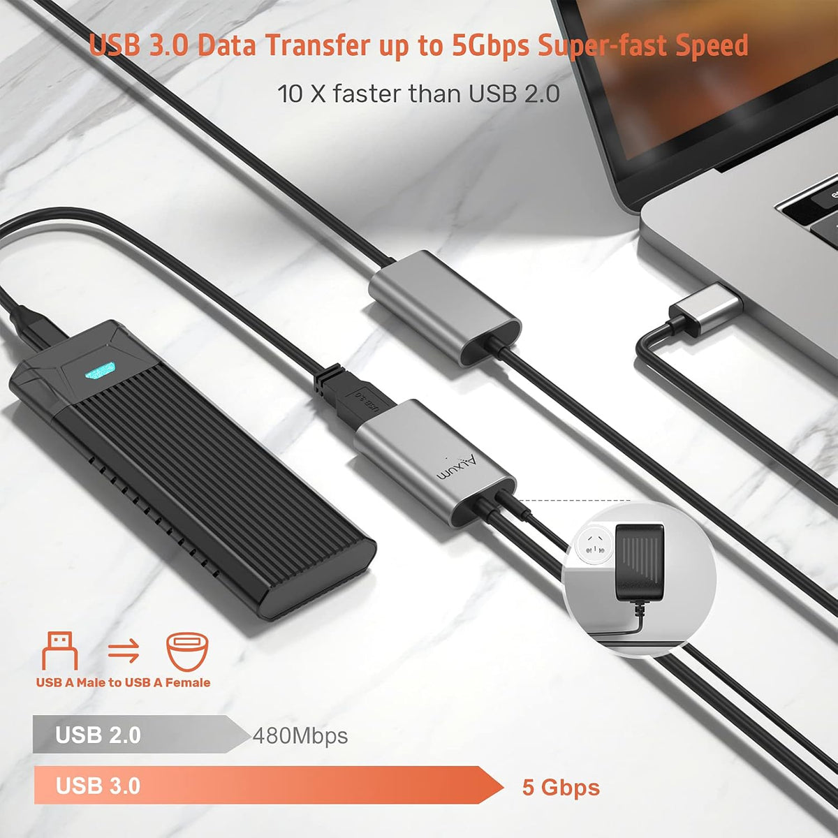 50 Feet Active USB 3.0 Male to Female Extension Cable with Power Adapter R1928