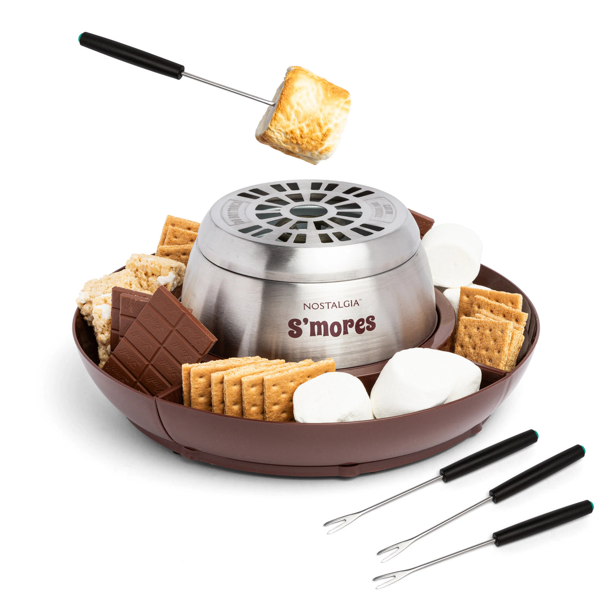 Electric Stainless Steel S'mores Maker with 4 Compartment Trays and 4 Roasting Forks E576