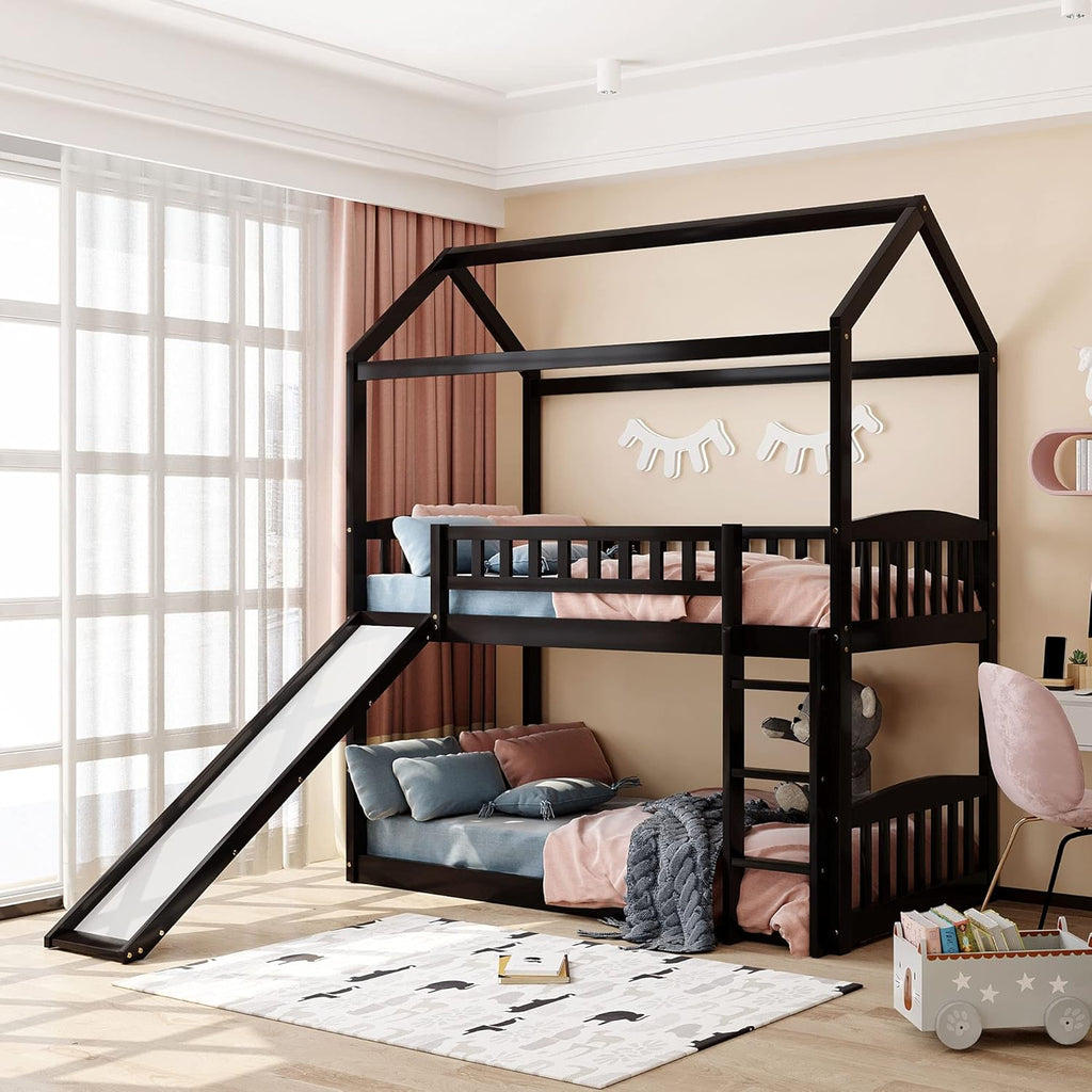 Twin Over Twin Metal Bunk Bed with Slide and Integrated Ladder J634