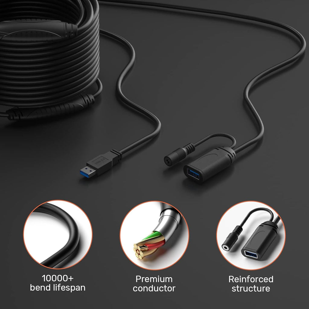 50 Feet Active USB 3.0 Male to Female Extension Cable with Power Adapter R1928
