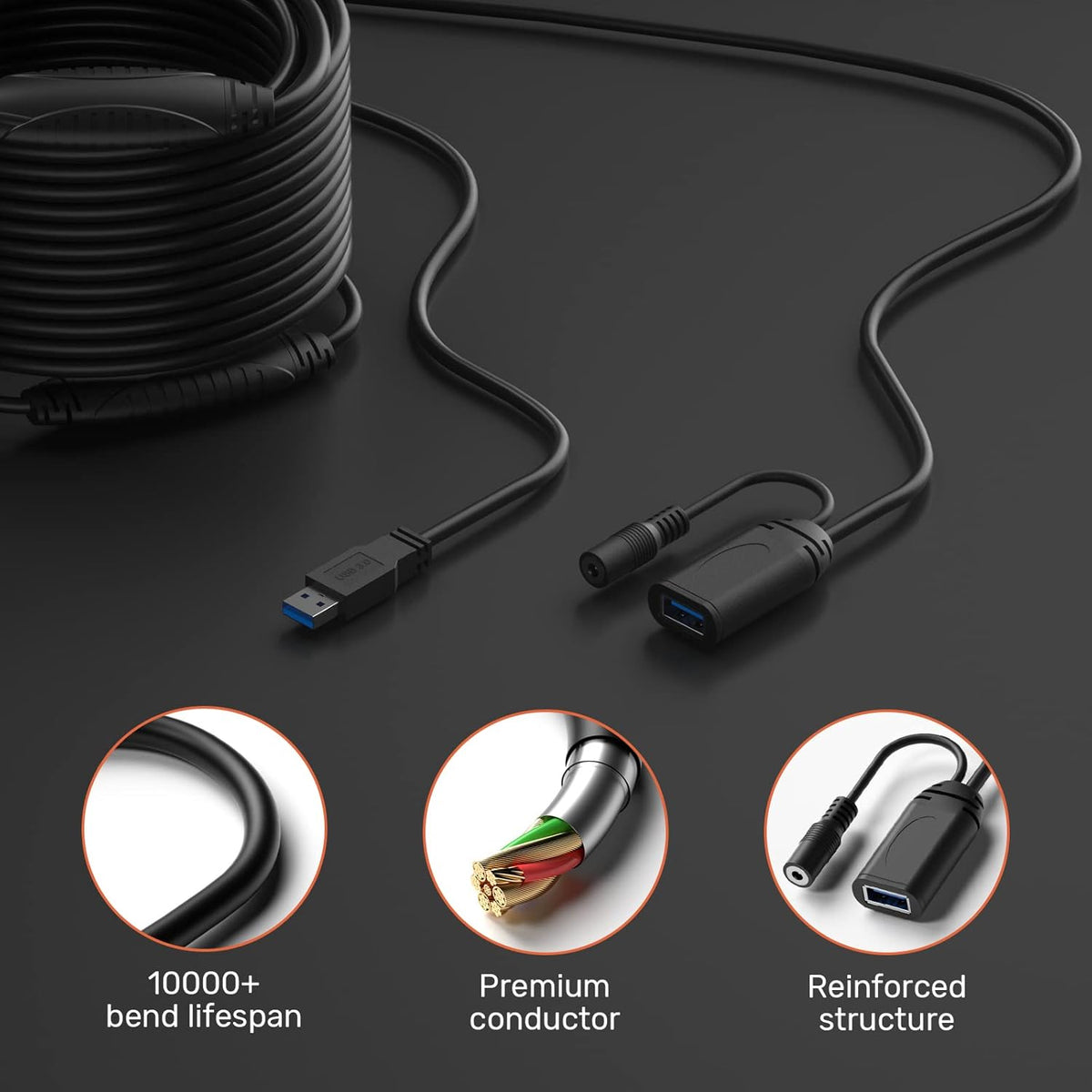 50 Feet Active USB 3.0 Male to Female Extension Cable with Power Adapter R1928