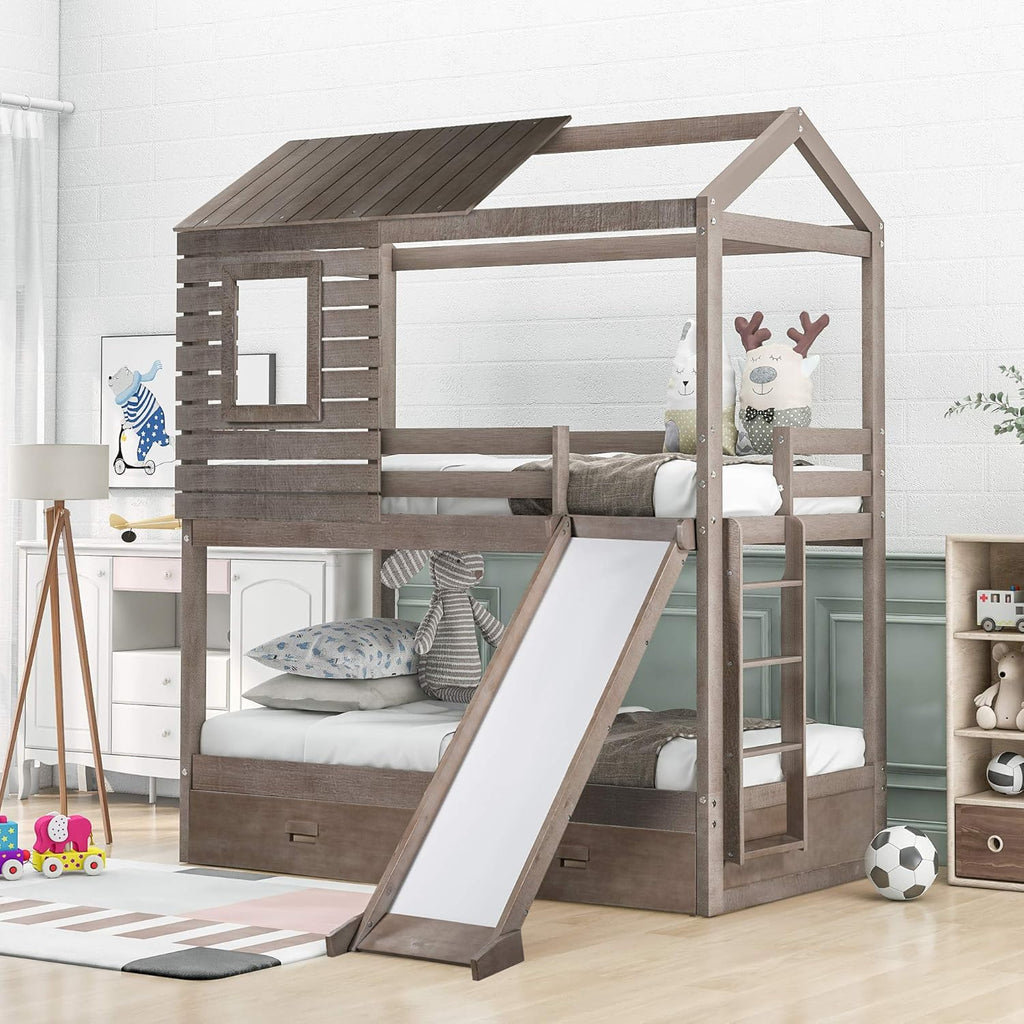 Twin Over Twin Metal Bunk Bed with Slide and Integrated Ladder J634