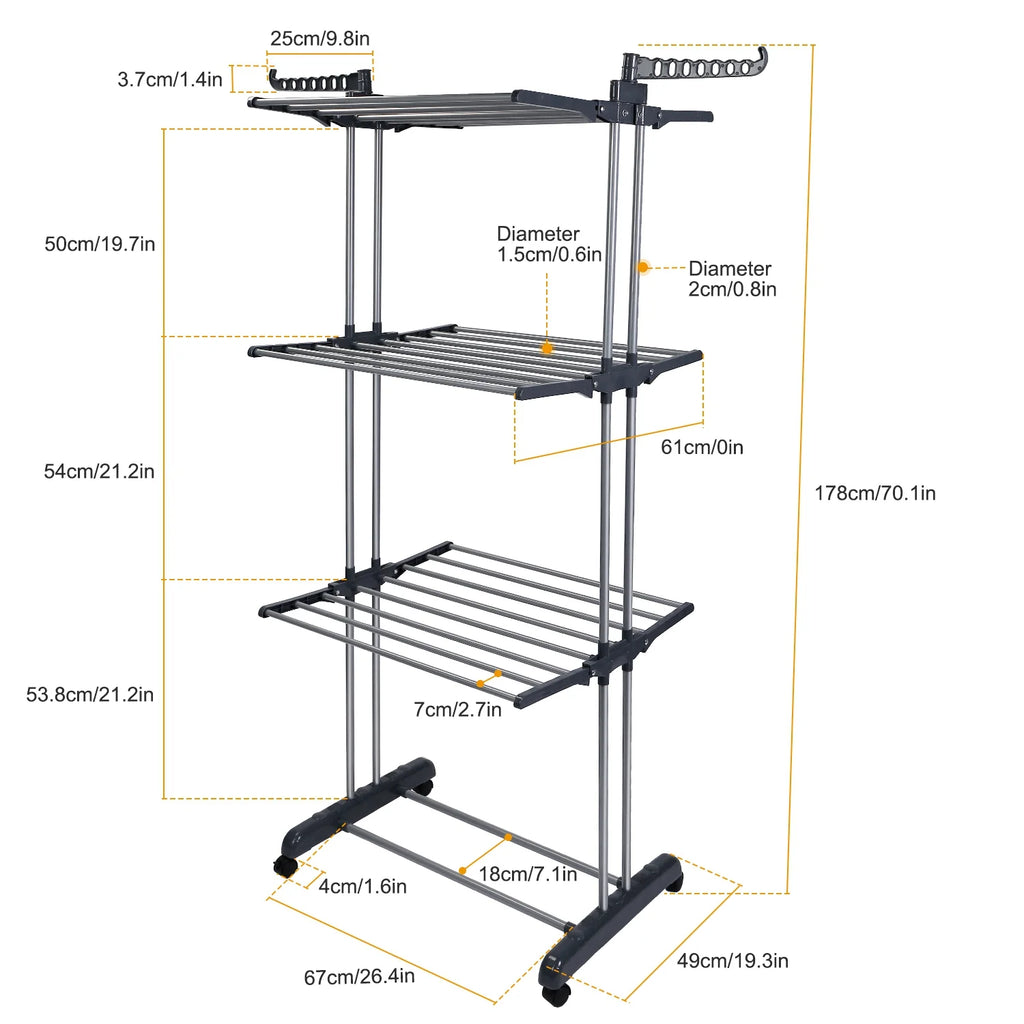 3 Tier Foldable Rolling Laundry Drying Rack S916