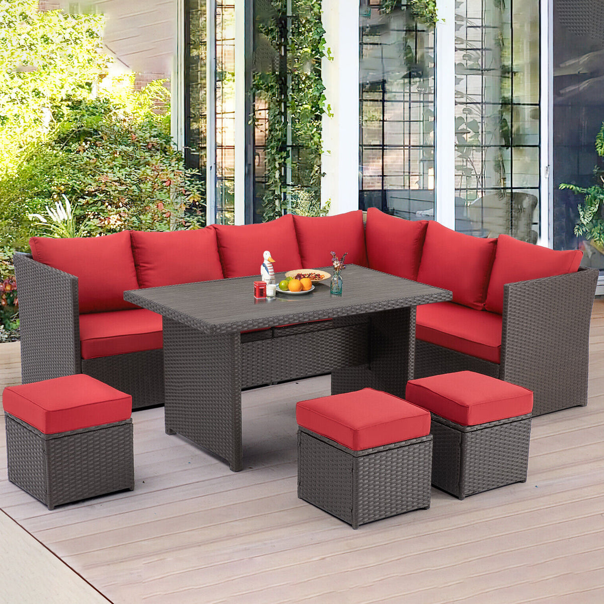 Red Rattan Wicker Patio Dining Table Set E65685