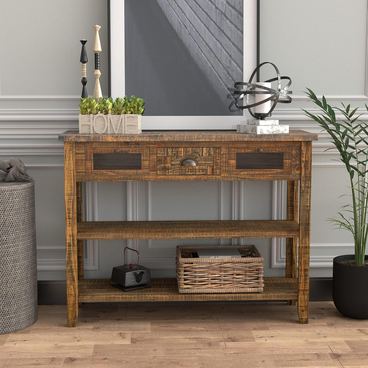 Industrial Farmhouse Console Table with Deep Drawers and Glass Panel Cabinet D294