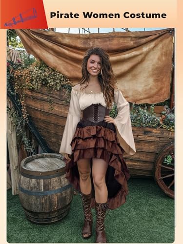Beige+Brown Women Pirate Costume with Shirt Skirt Corset Waist Belt H20587
