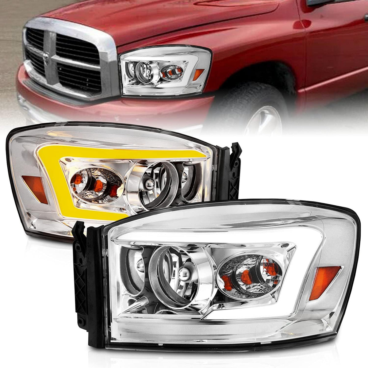 Chrome LED Tube Replacement Headlights for Ram Truck 1500 2500 3500 B698