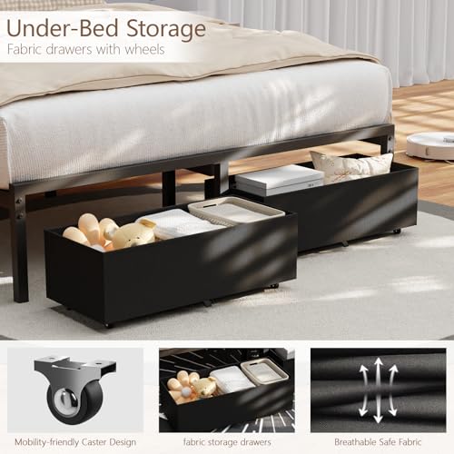 Queen Size Upholstered Platform Bed Frame with Headboard and Storage Drawer W303