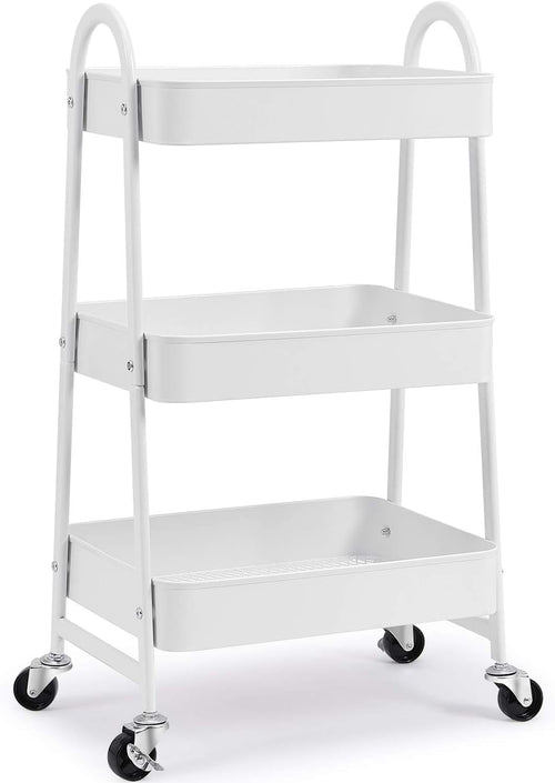 3-Tier Rolling Utility Cart with Metal Wheels White B9393