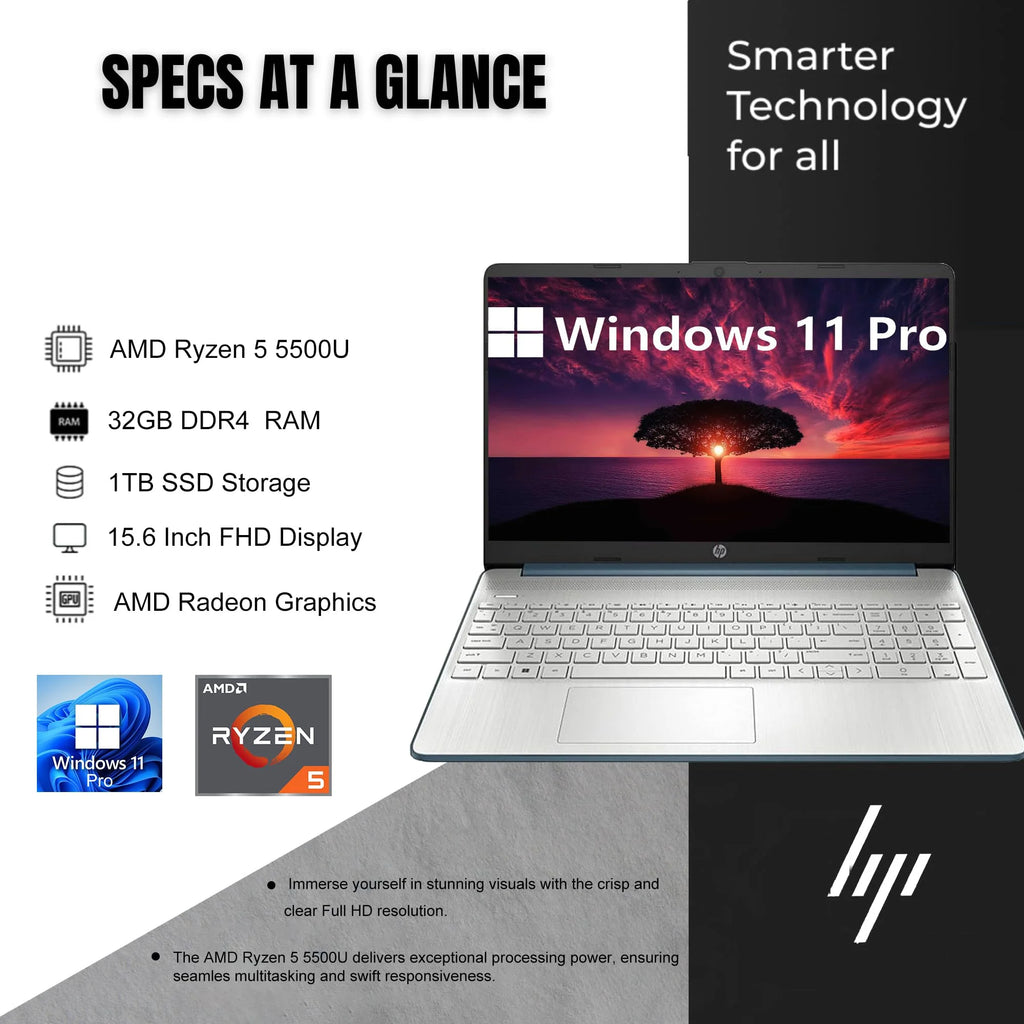 15.6 Inch FHD AMD Ryzen 5 5500U 32GB RAM 1TB SSD Windows 11 Pro Laptop K308