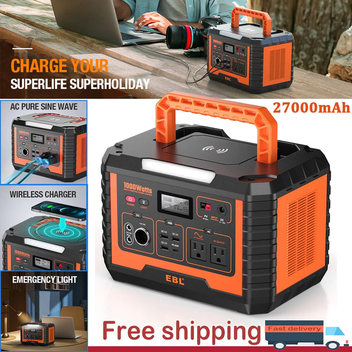2Packs Portable Power Station 1000W Solar Generator 270000mAh Waterproof N9710