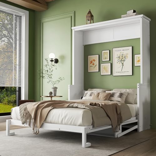 White Queen Size Wall Bed with 2 Side Cabinet Storage Shelf & Desk Combo H891