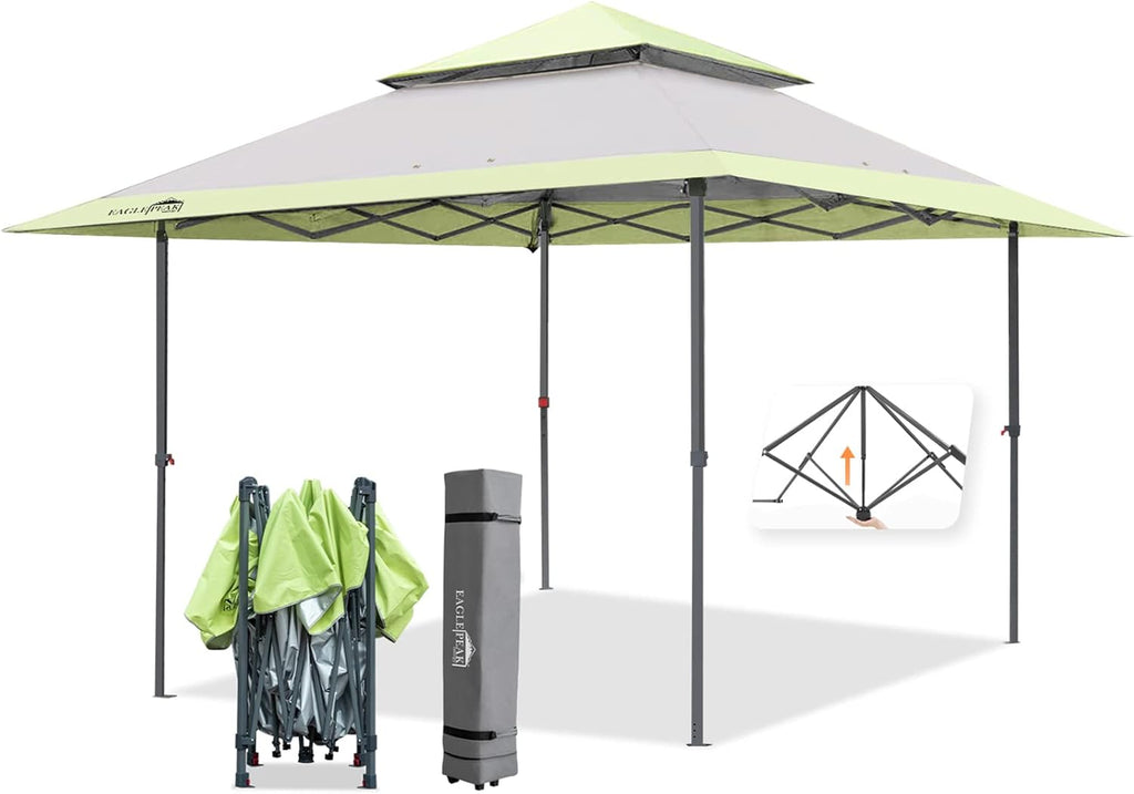 13' x 13' Straight Leg Pop Up Canopy Tent Instant Outdoor Canopy Folding Shelter with Auto Extending Eaves (Gray/Green) J209