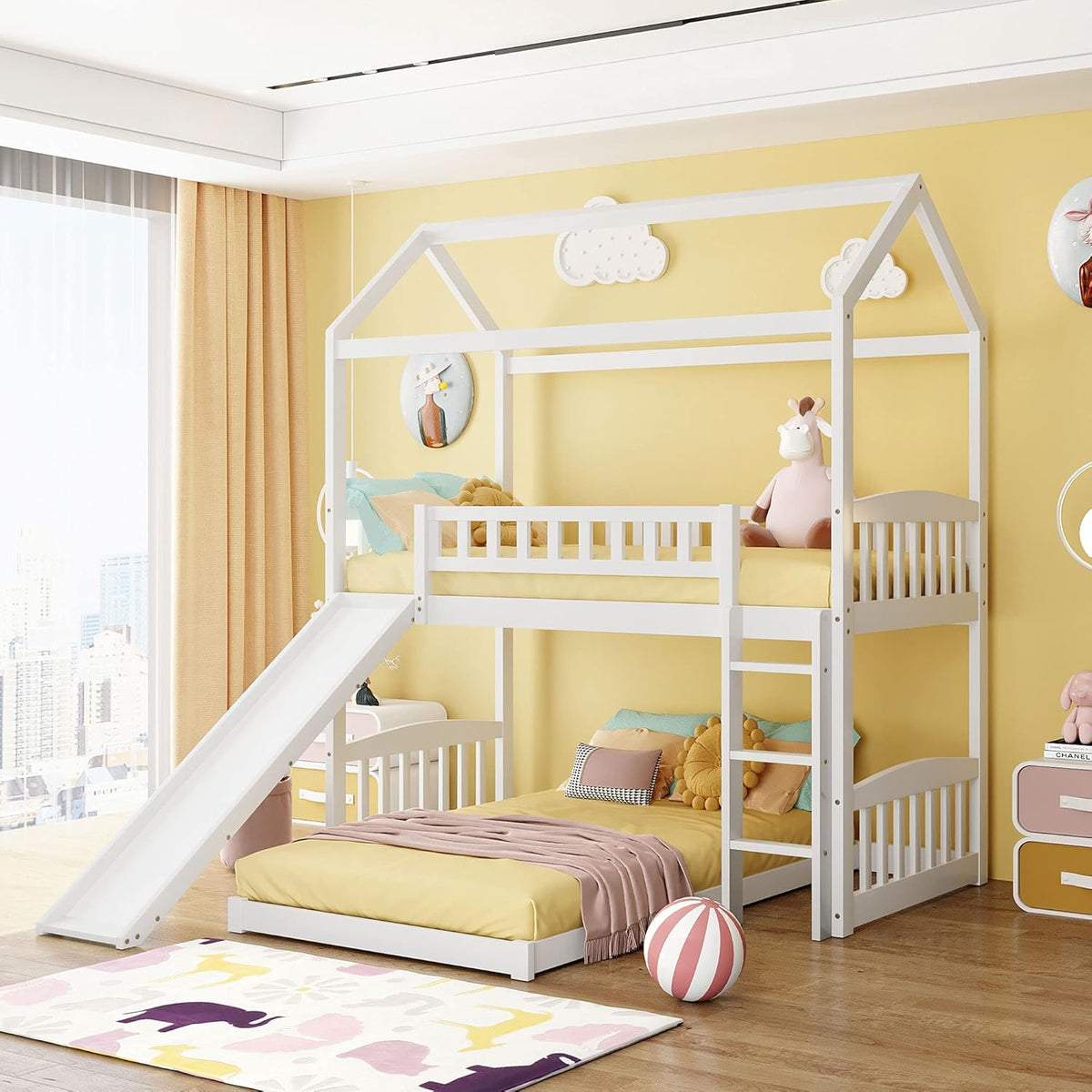 Twin Over Twin Metal Bunk Bed with Slide and Integrated Ladder J634