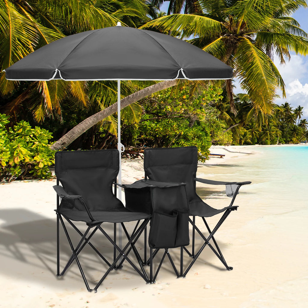 Portable Double Folding Chair with Umbrella, Cooler Bag & Carry Bag, Black I14932