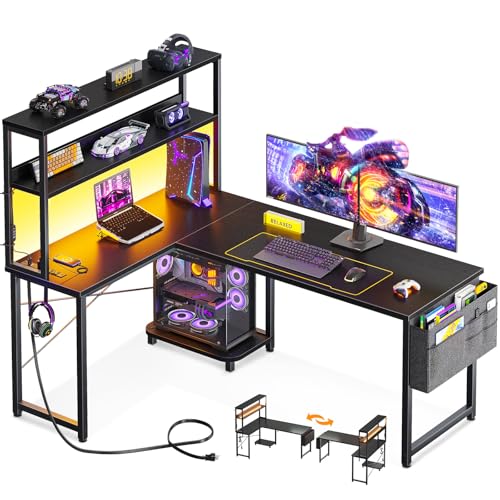 53 Inch L Shaped Desk with LED Lighting and Power Outlets F1772