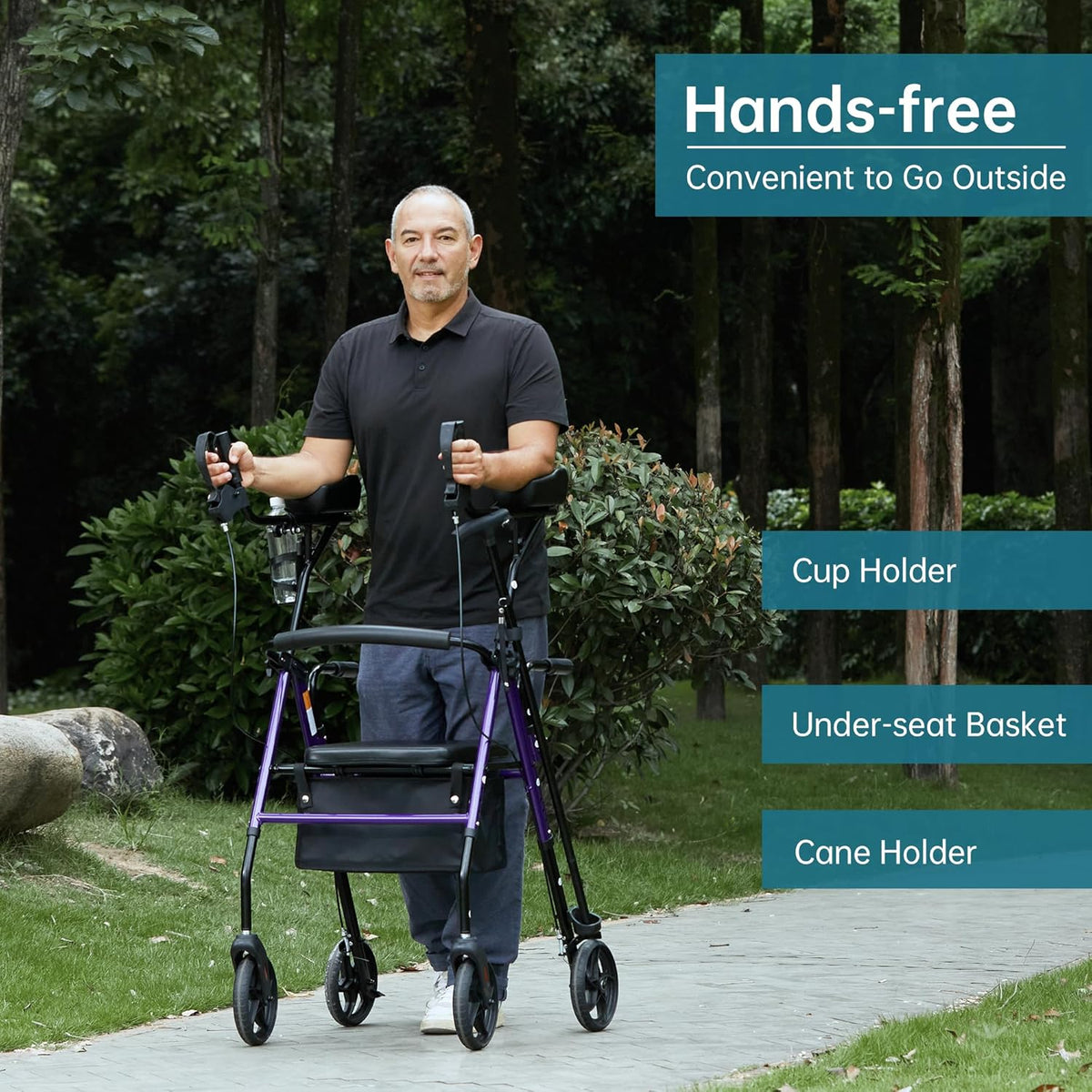 Purple Upright Rollator Walker with Padded Seat and Backrest D6052