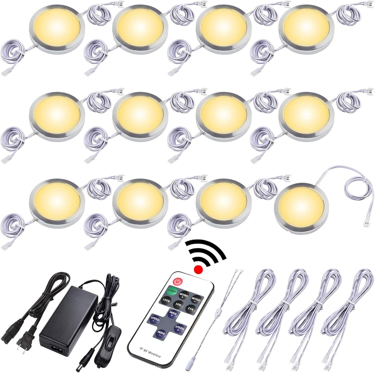 Under Cabinet LED Puck Lights, Dimmable Wireless RF Remote Control, Linkable Wired, AC120V to DC12V, Hardwired or Wall Plug, 14 Lights, Warm White H530